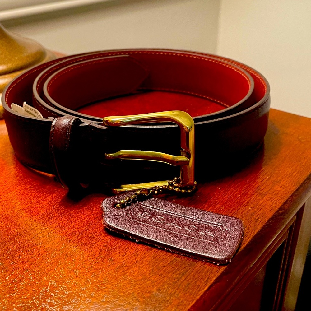 Brand new Coach leather Belt …inside says 34”…Brass buckle, Never worn!